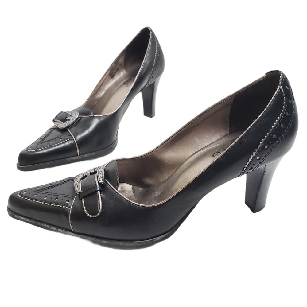 Franco Sarto Oxford Buckle Front Slip On Heels  Bl